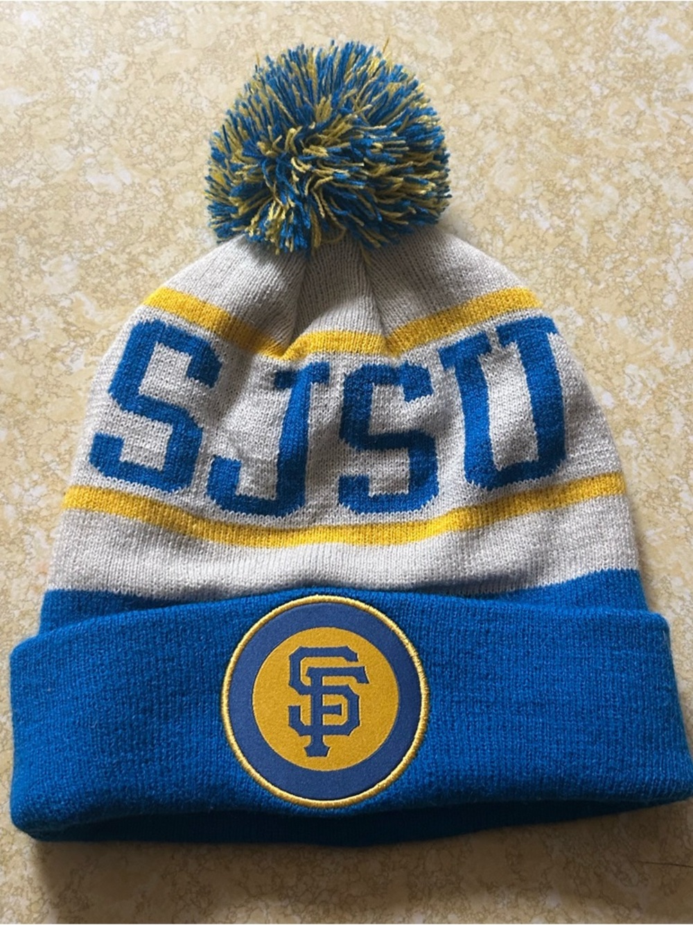 SJSU X SF Giants Pom-Pom Beanie Hat in Gray, Blue & Yellow Limited Edition
